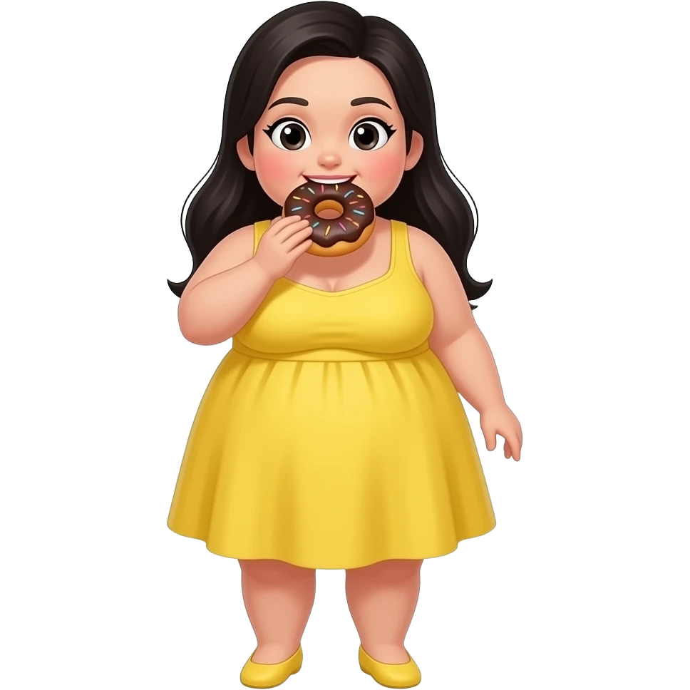 Fat girl full body  with long black hair and dark eyes eating donut emoji