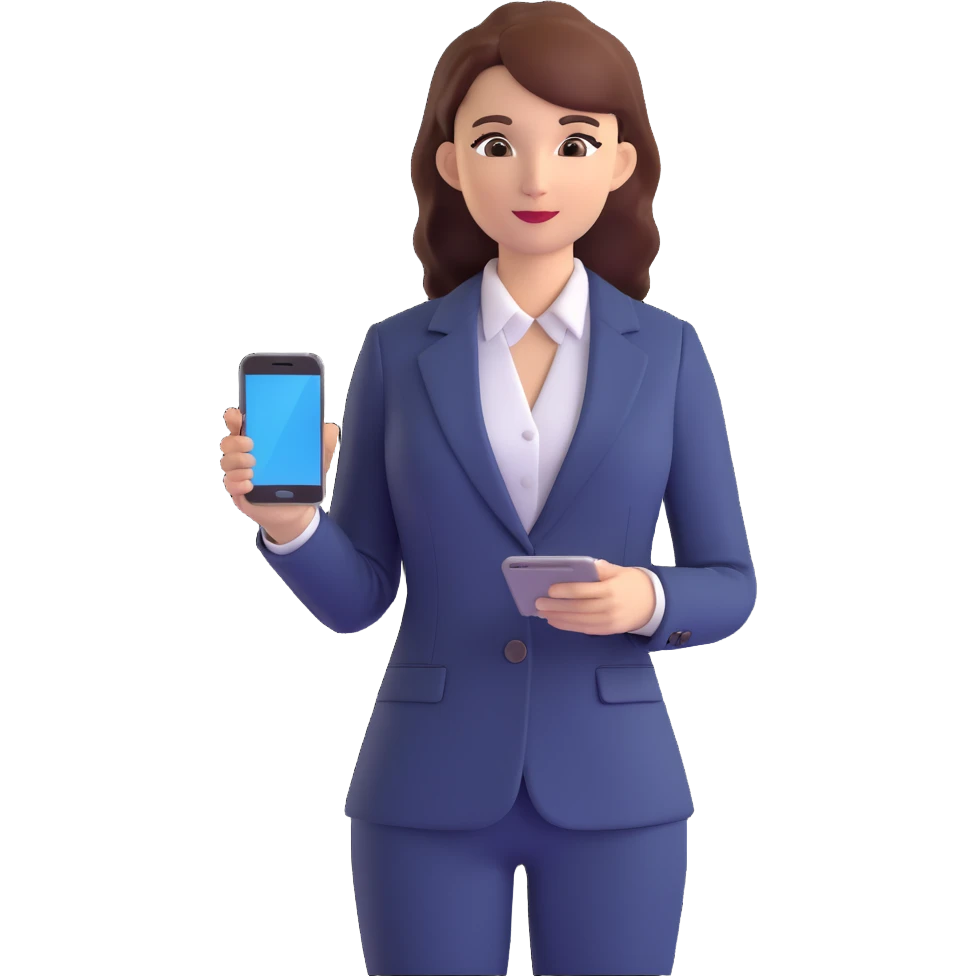 3D illustration of a businesswoman holding a smartphone, standing, professional look, realistic details emoji