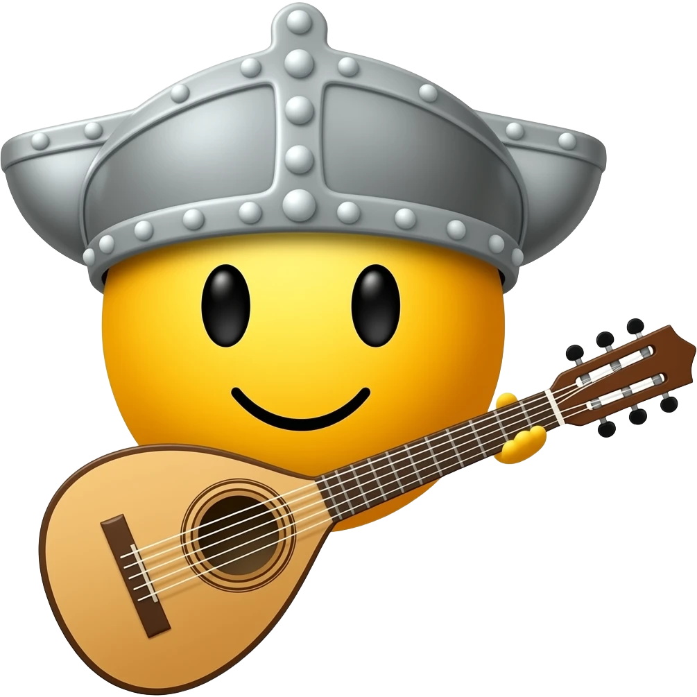 round yellow face emoji with a medieval bar hat and a bard instrument emoji