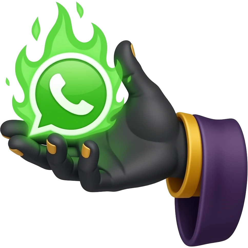 A dark sorcerer’s hand holding a WhatsApp logo burning with green magical flames. Text below: 'This place is better than WHATSAPP!'. Cinematic lighting, clean background, high-contrast emoji emoji