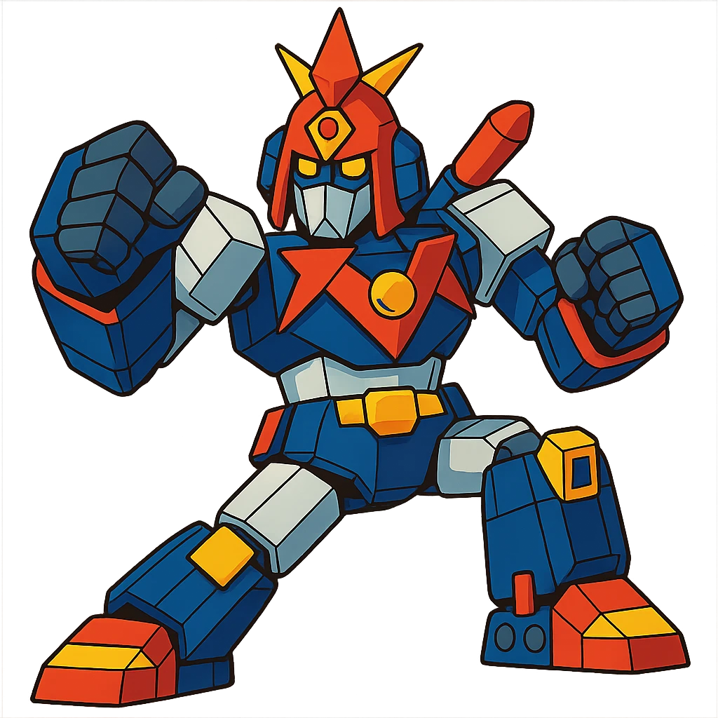 Voltes V robot in a dynamic pose, vibrant anime style, detailed, iconic red, blue, and yellow color scheme emoji