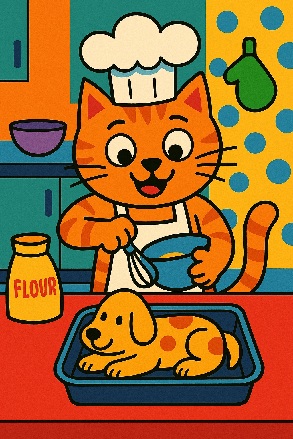 cartoon cat in a chef hat baking a dog-shaped cake, colorful and playful emoji