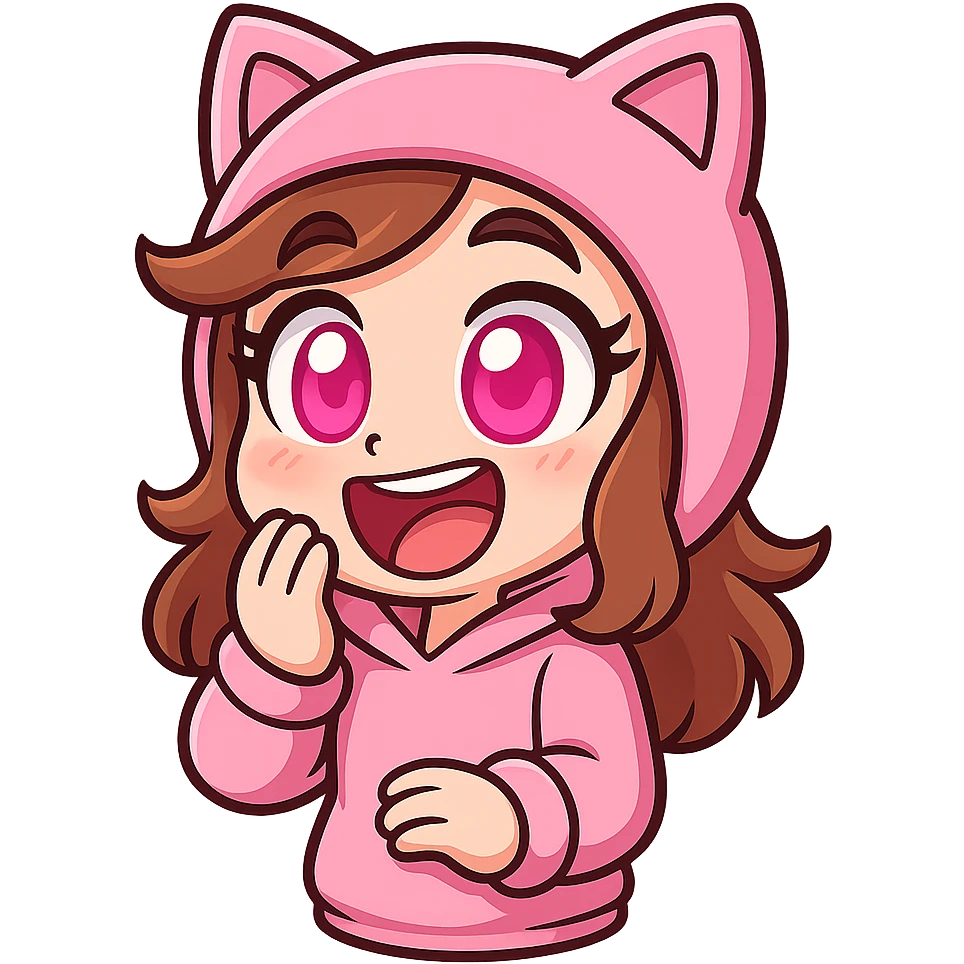 Extract the top left character wearing a pink cat hoodie with pink eyes as a fully visible, separate image with a transparent background, keeping the original chibi stickers cartoon style and appearance. emoji