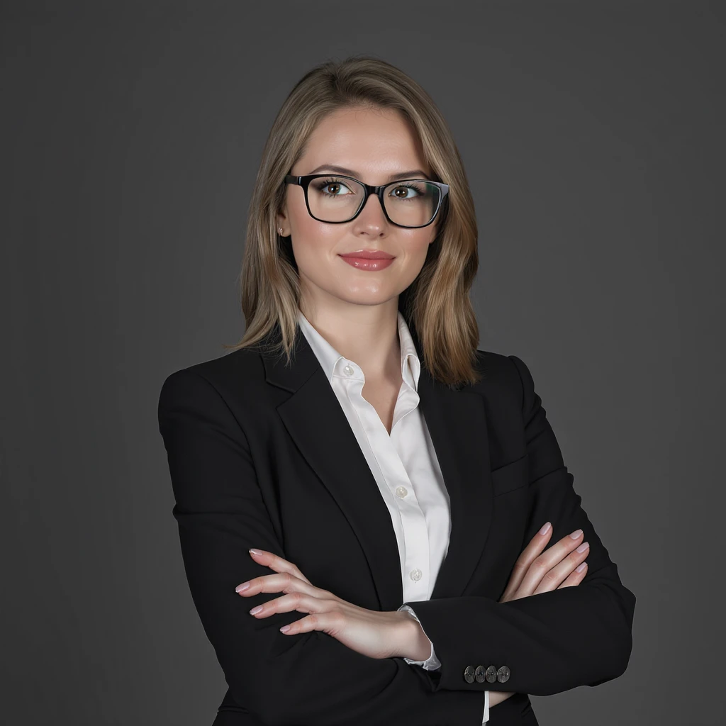 young woman in a tailored suit, arms crossed, looking professional, minimal background emoji