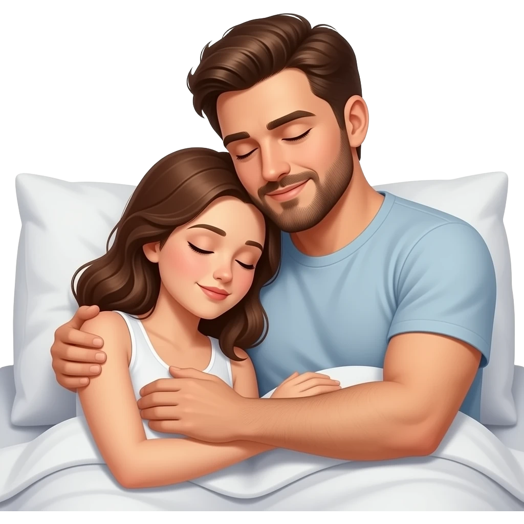 Realistic white man brown hair with beard hugging while sleeping in bed with white girl brown hair emoji