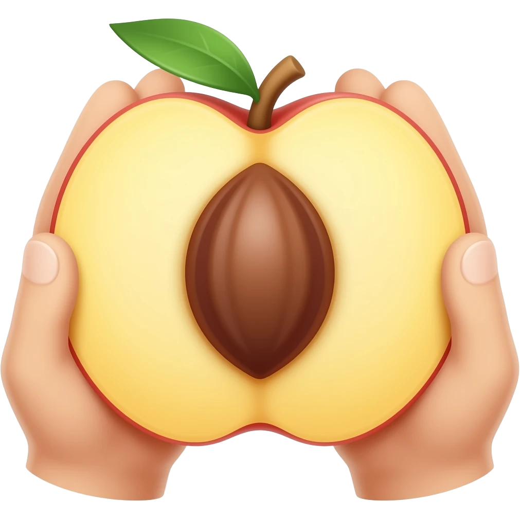Mache ein Pfirsich mit einem runden Loch In der mitt der Pfirsich-Spalte und es soll tief aber nicht durch den Pfirsich gehen, der Pfirsich wird an den Seiten von zwei Händen gehalten emoji