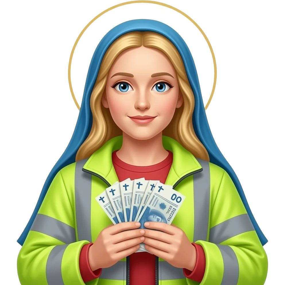 blond virgin marry in highviz clothes with a polski złoty bank notes in hands emoji