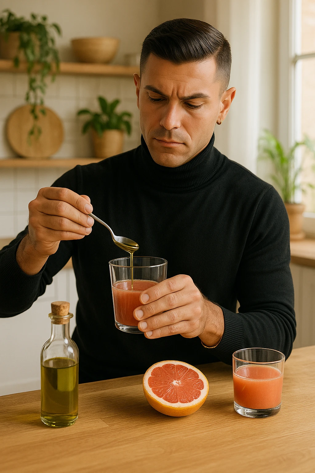 A realistic, warm-toned photo-style image of a man in his kitchen preparing a liver and gallbladder flush. On the counter, there is a small glass bottle of high-quality extra virgin olive oil with a rich green hue, and a freshly cut pink grapefruit with a small glass of its juice next to it. The man, in his mid-30s, looks focused and slightly apprehensive as he mixes the olive oil and grapefruit juice in a clear glass, preparing to drink it as part of a natural gallbladder cleanse. The background is clean, bright, and minimalist with wooden countertops, green plants, and sunlight coming through the window, giving a sense of natural health practices. The mood conveys a realistic moment of alternative health care, illustrating the preparation and intention for a natural flush to address gallstones, while maintaining a calm, educational, and hopeful tone in italiano emoji