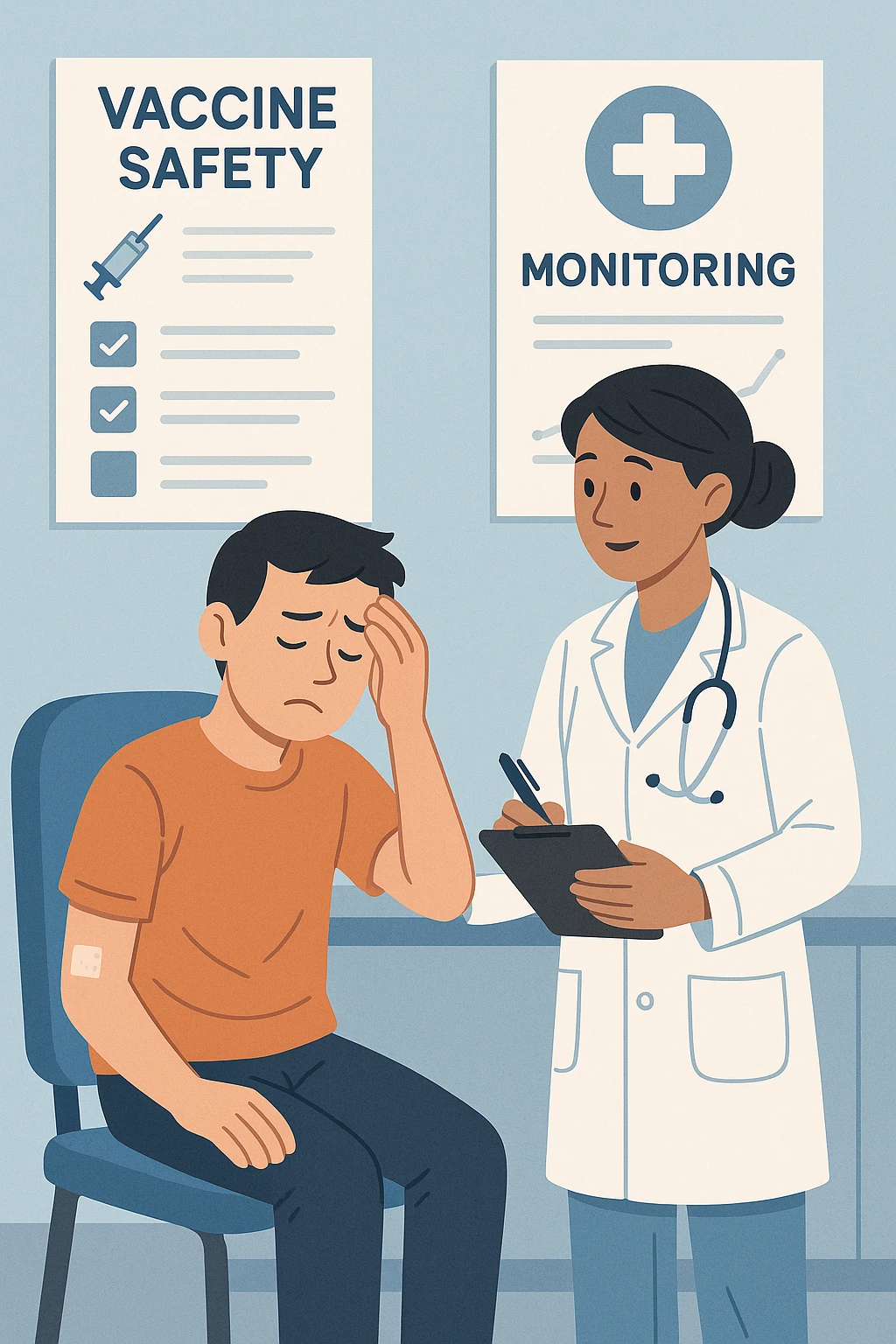 Vertical, educational medical illustration: a healthcare professional observes a patient who appears unwell after receiving a vaccine. The patient sits in a clinic chair, showing mild symptoms such as fatigue or headache, while the professional takes notes and offers reassurance. The background includes educational posters about vaccine safety and monitoring. emoji