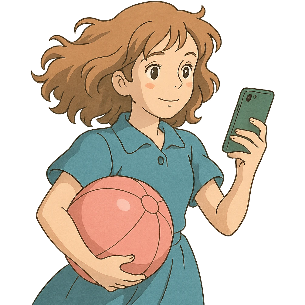 ghibli style white girl with wavy hair holding her phone and a pink beach ball emoji