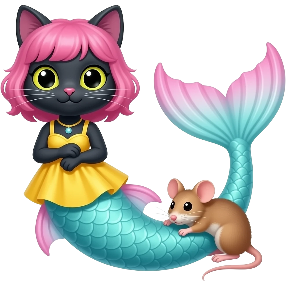 black anthro cat  with  pink hair yellow dress  attached to long cyan and white tight  long  mermaid tail with pink fins wrapping around the mouse tightly emoji