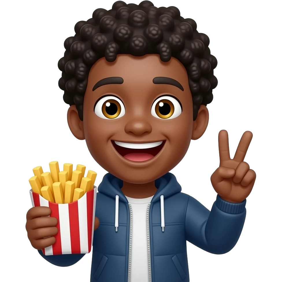 Black emoji teen with Afro laughing while holding the fries in the bag while holding peace sig emoji