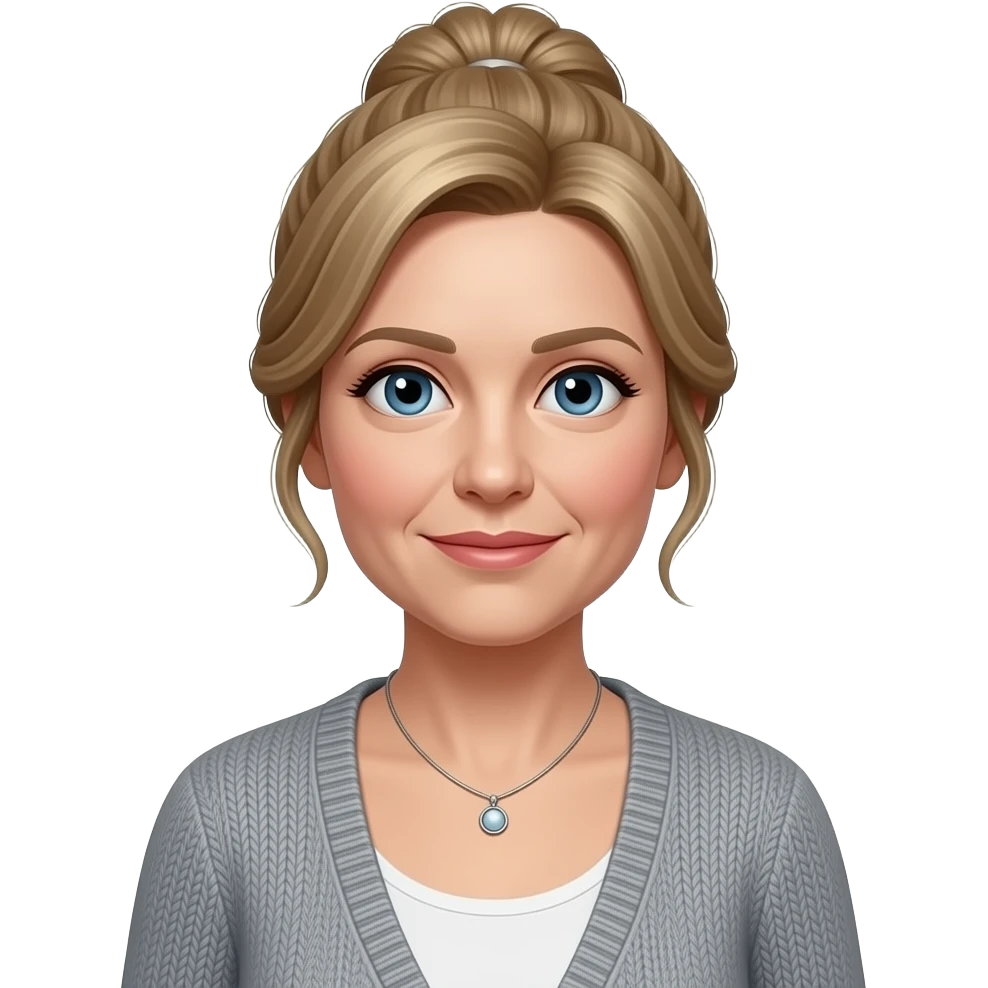 Blue eyes, fair skin, longer blonde/brown hair tied up, middle aged women, cardigan, grey top,small necklace emoji