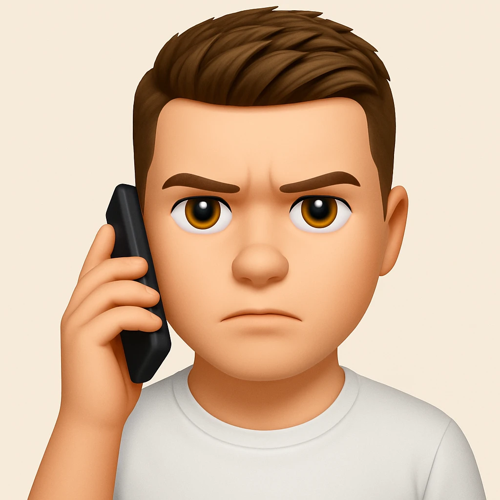 Based on these photos, make an emoji with facial features intact, man in white t-shirt, talking on phone, serious face emoji