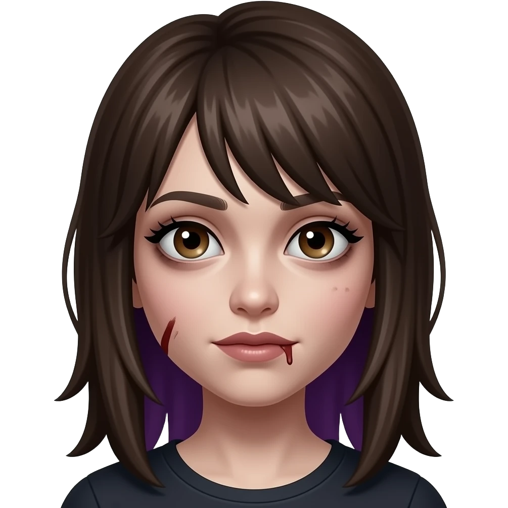 faça uma imagina com uma menina Zombi com o cabelo castanho escuro que tem uma franja meio grande e atrás do cabelo colorido de roxo faça ela verde e o cabelo tocando no ombro e os olhos castanhos escuro e com cílios faça a cabelo mais longo batendo no ombro e tirei a franja e faça tipo um zombi emoji