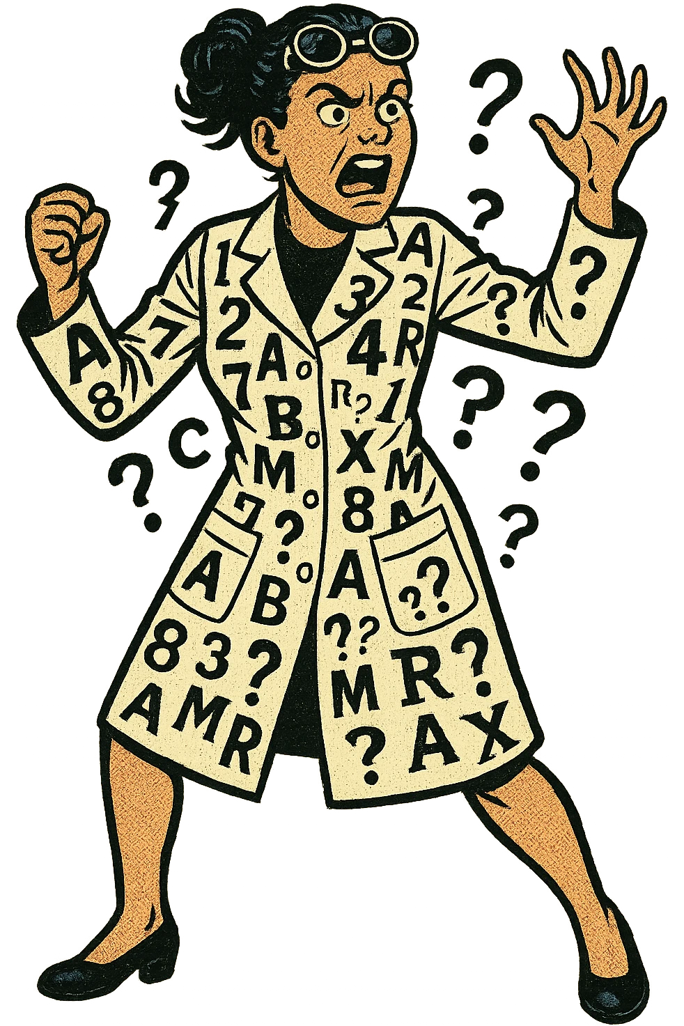 The full body of A mad female scientist with numbers, question marks and letters printed all over their white coat emoji