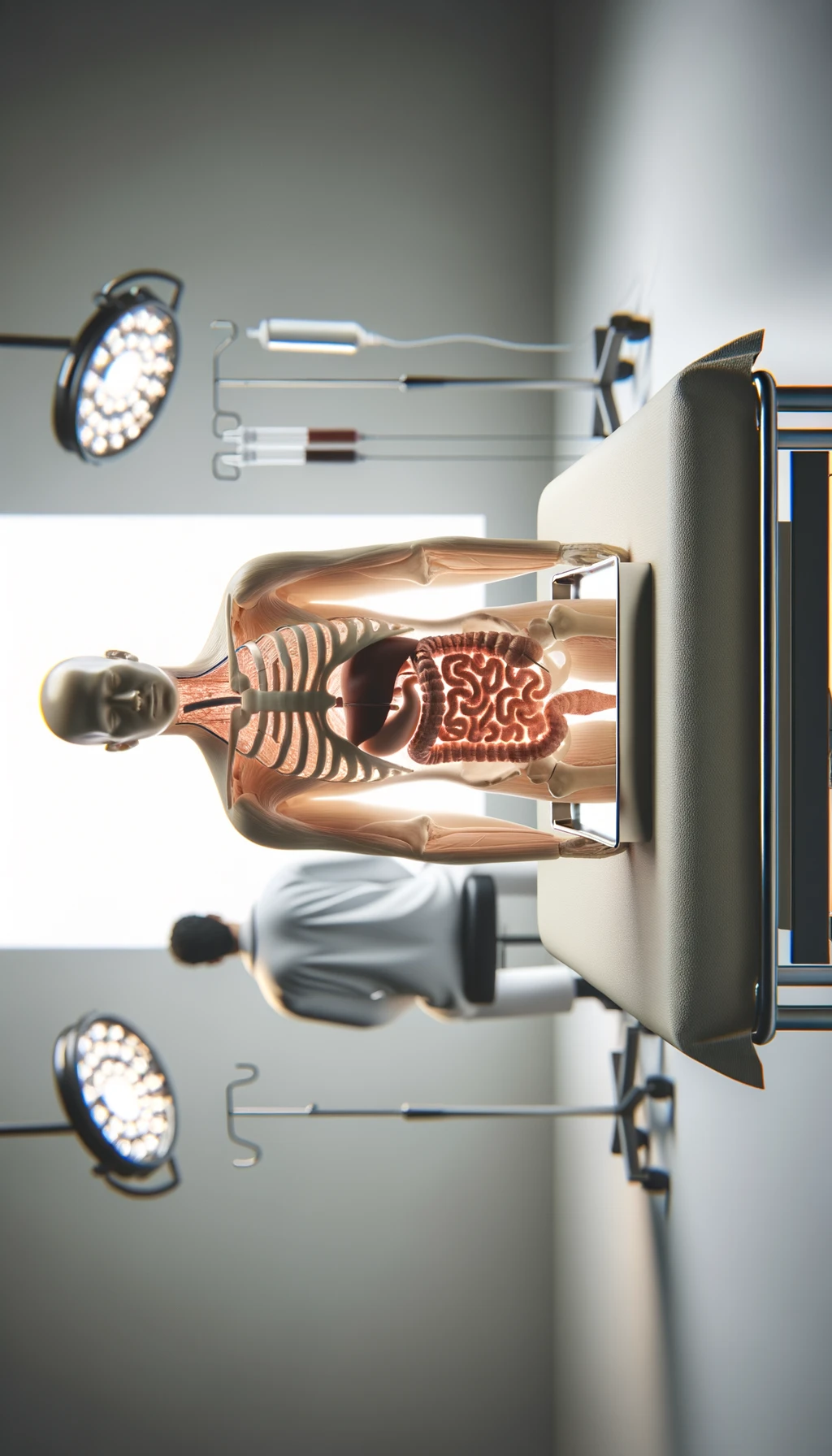 corpo umano anatomico seduto in uno studio clinico su un lettino con intestino umano anatomico visibile, sopra di lui lo illumina una luce, di spalle c'è un medico sfocato, sfondo chiaro iperrealistica 4k emoji