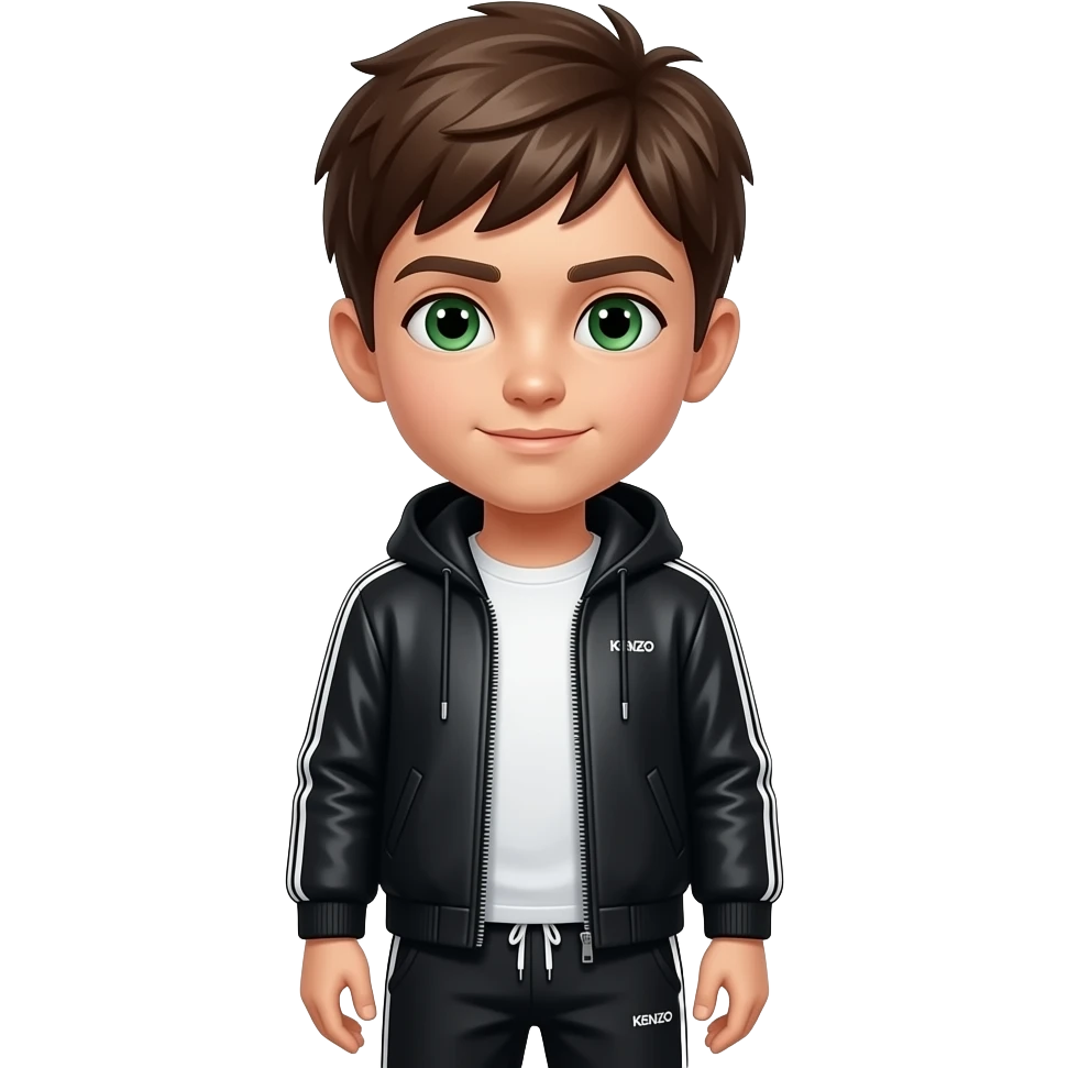 un niño que su pelo és marron i sus ojos verdes. Que vaya con una chaqueta kenzo de color negro i que vaya con pantalones de chandal emoji