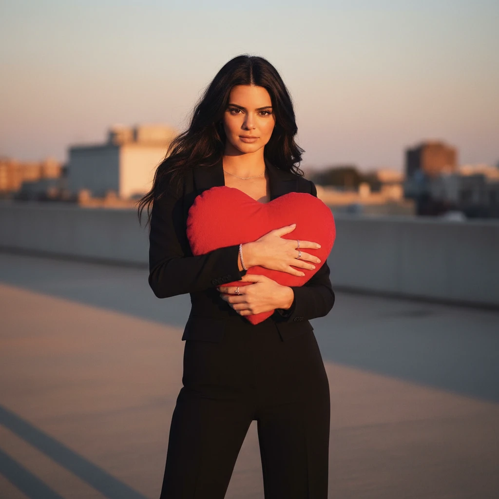 A full-length photo of a Kendall Jenner with long black hair holding a red heart emoji