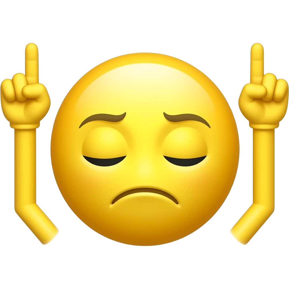 Emojis jaune soulager avec les deux bras levés vers le ciel, les index pointés vers le haut, visage soulagé les yeux fermé, fond blanc, style autocollant, avec l’emoji de base que la tête et le bras  sans le corps avec l’emoji de base et sans le haut de corps que tête emoji