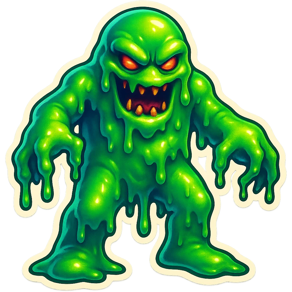 Slime monster. green slime. scary sinister. slime attacks. show full body. more dripping slime. talk humanoid slime creature. sinsiter and scary...green slime emoji
