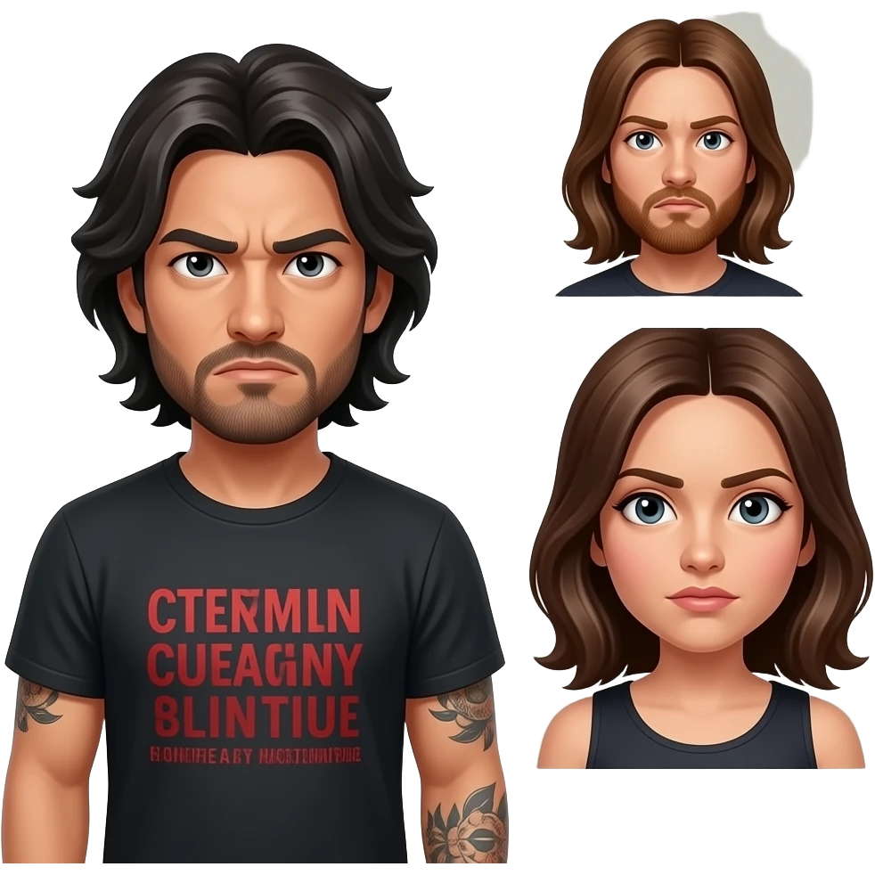 A really sad but angry Latino husband with medium length hair and beard and tattoos found out his wife was cheating on him with a bald, red bearded guy, and his wife is beautiful with hazel eyes and shoulder length brown hair and their relationship is broken emoji