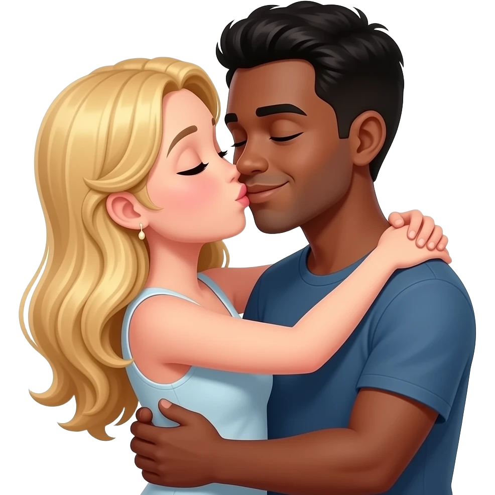 Blonde girlfriend hugging & kissing black boyfriend emoji