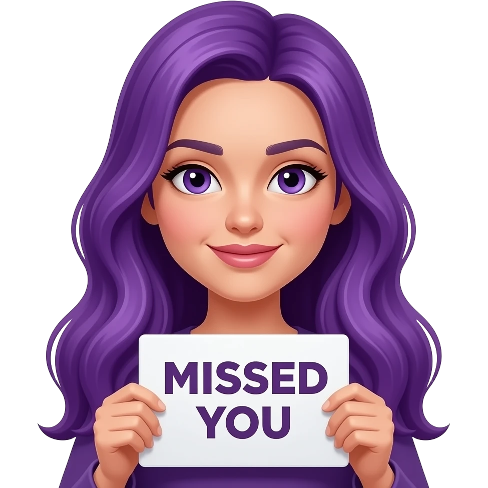 sexy girl with long purple hair and purple eyes holding a MISSED YOU sign emoji