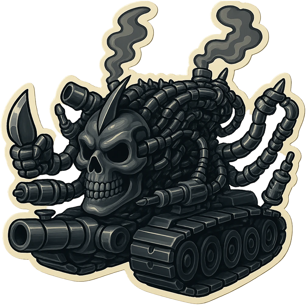 Combine the best features of all three references into a skull robot tank with 4 distinct arms, each hand holding a different weapon: industrial blade, blaster, syringe, and claw. Incorporate the wild, detailed mechanical complexity and low, forward skull face from the first image, the shiny silver-grey metal and compact proportions from the second, and the dark, almost black inner cables and menacing vibe from the third. Render in retro stickers style with a clean outline and transparent background. emoji