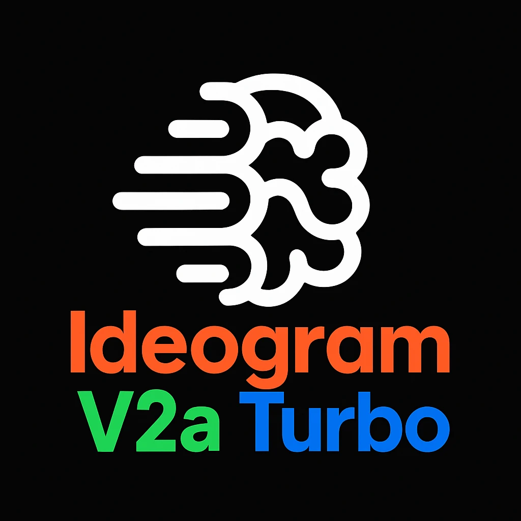 make a non gradient solid but colorful text of "Ideogram V2a Turbo", black background, add this logo too,  emoji