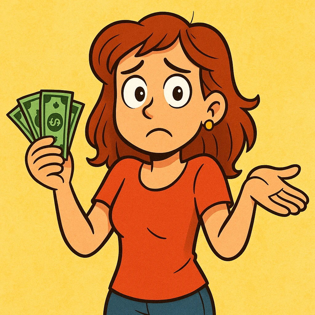cartoon female character shrugging with both hands up, dollar bills in one hand, looking lost or helpless emoji