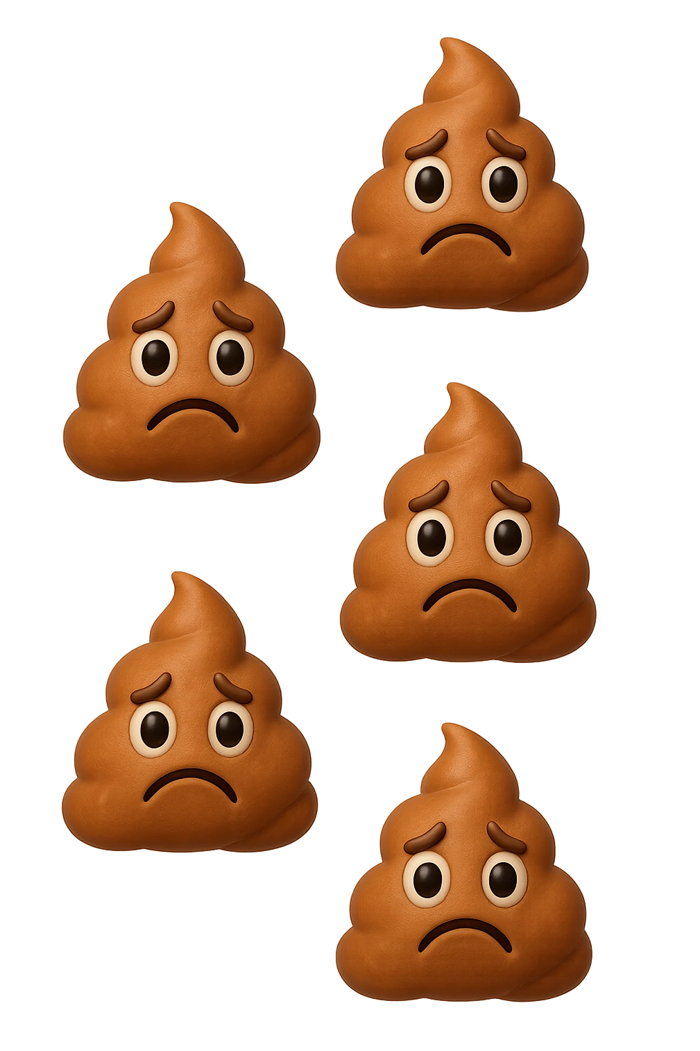 EMOJI STILE IPHONE 3D DI palline di cacca tristi che cadono dall'alto verticalmente, iperrealistico 4k emoji