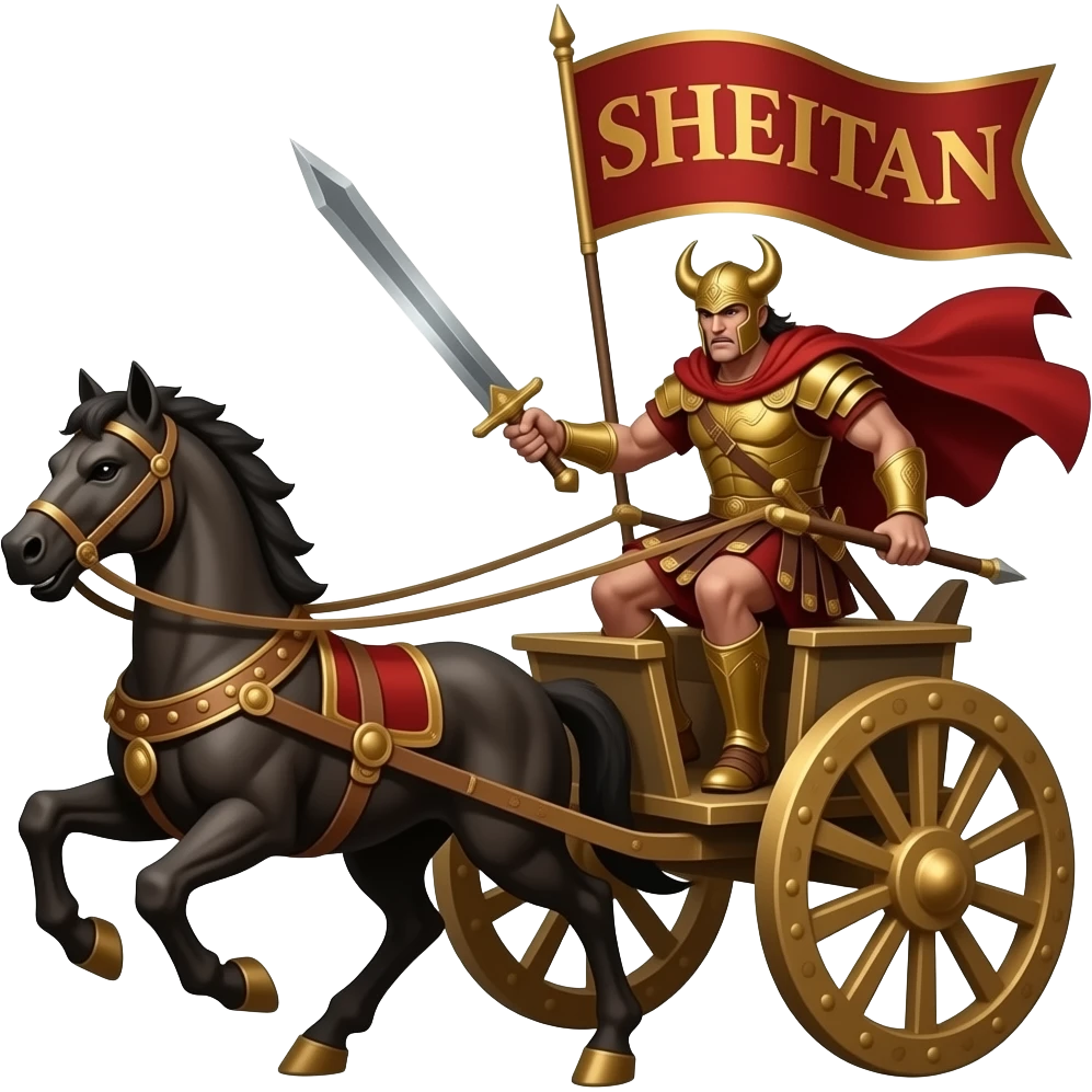 Demon charging into battle driving a roman war chariot text SHEITAN emoji