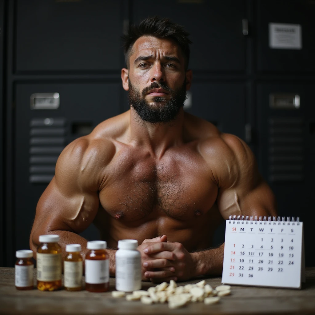 realistic muscular bodybuilder man with serious expression, supplements and medical vials on table, calendar with all months behind, defined physique with visible veins, dark locker room background with dramatic lighting, signs of tiredness on face emoji