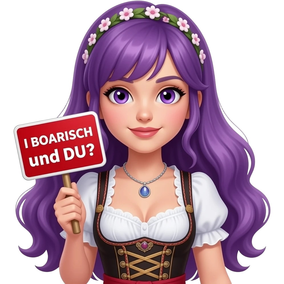 sexy girl with long purple hair and purple eyes wearing a dirndl holding a I red BOARISCH und DU? sign emoji