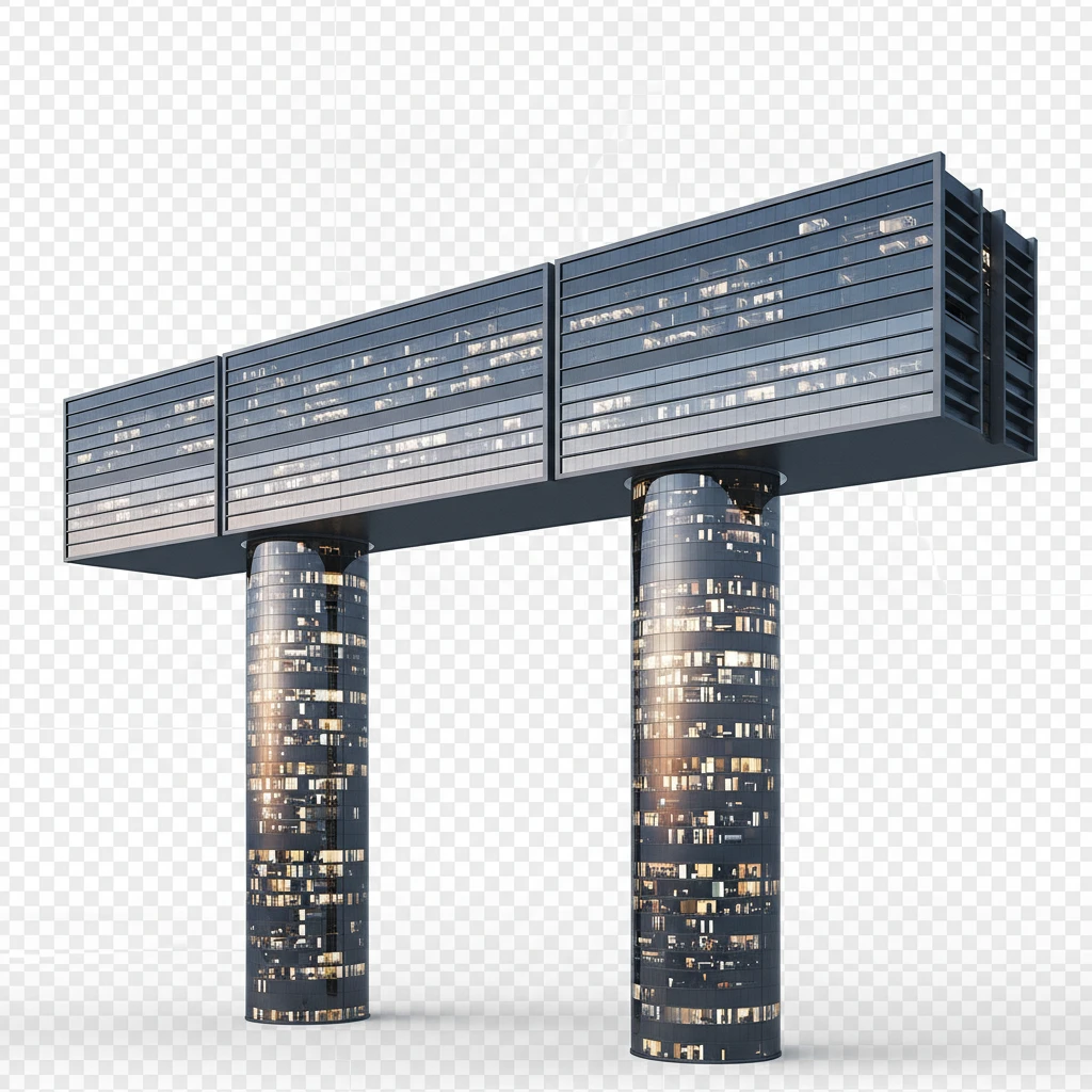 Три панельки, объединенные в одно длинное суперздание. Оно стоит на двух высоких стойках, которые как опоры держат ее на себе. Внутри стоек есть окна (они жилые).

Фотореализм. Абсолютно прозрачный фон emoji