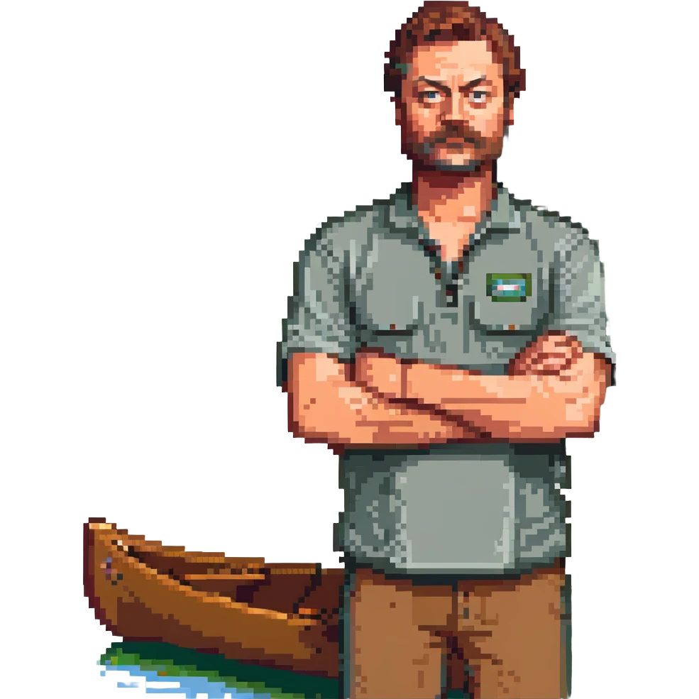 Nick Offerman being awesome, arms crossed, standing by a canoe emoji