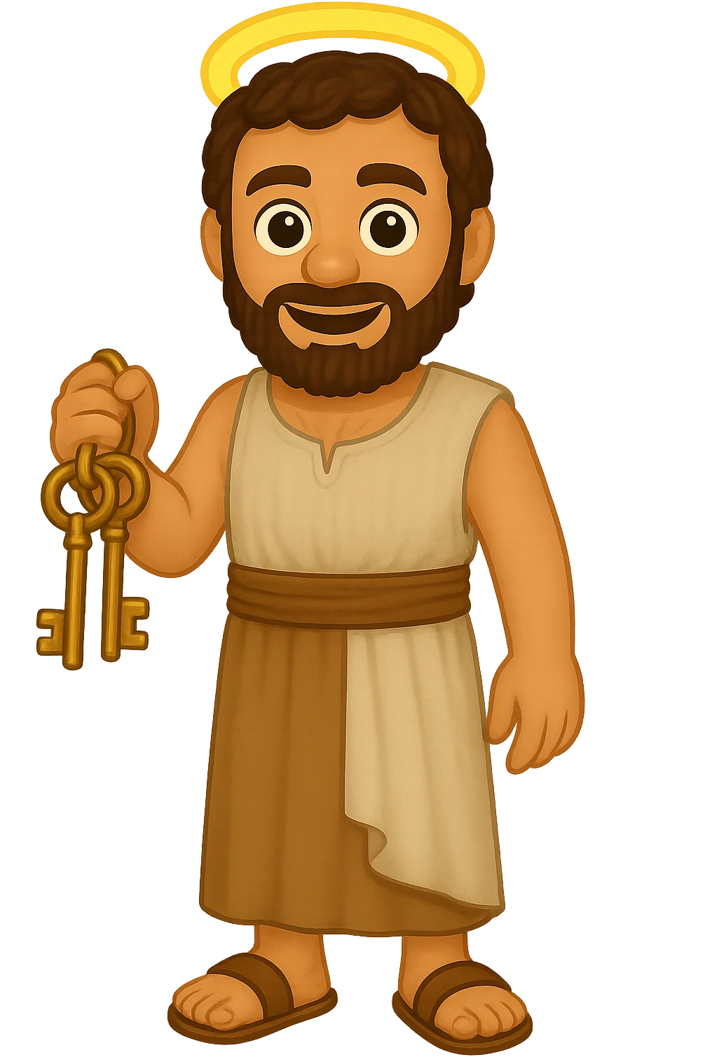 Make the shirt sleeveless like in 'The Chosen' show, keep plain robes, fullbody apostle Peter, high detail, emoji style, holding keys, expressive face, standing pose, halo, no background. emoji