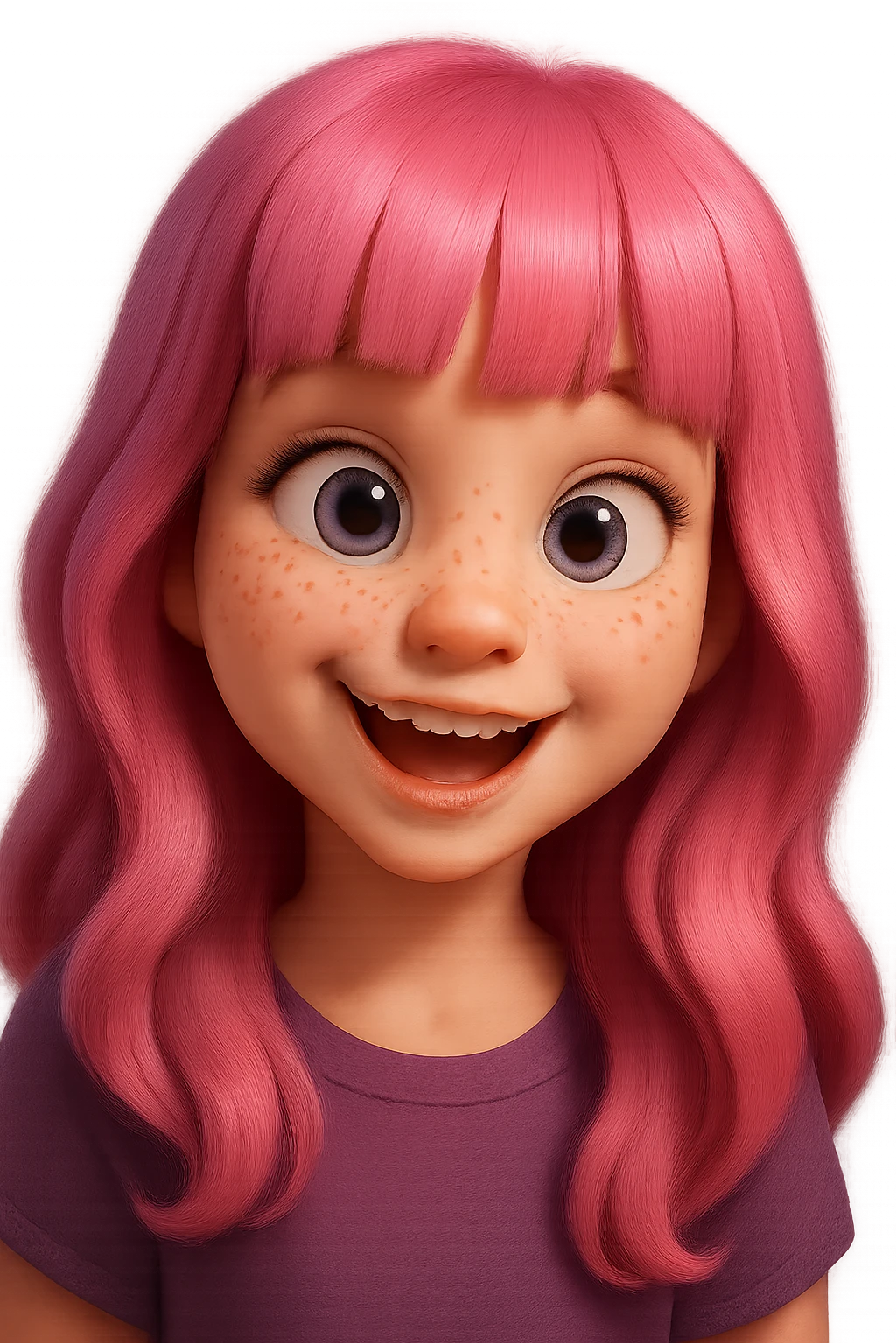 Redraw this character in a 3D Disney style with a mischievous, playful expression, keeping the pink hair, purple eyes, and freckles. Reference the original likeness. The style should reflect a vibrant, detailed 3D Disney animation look with expressive features and soft shading. emoji