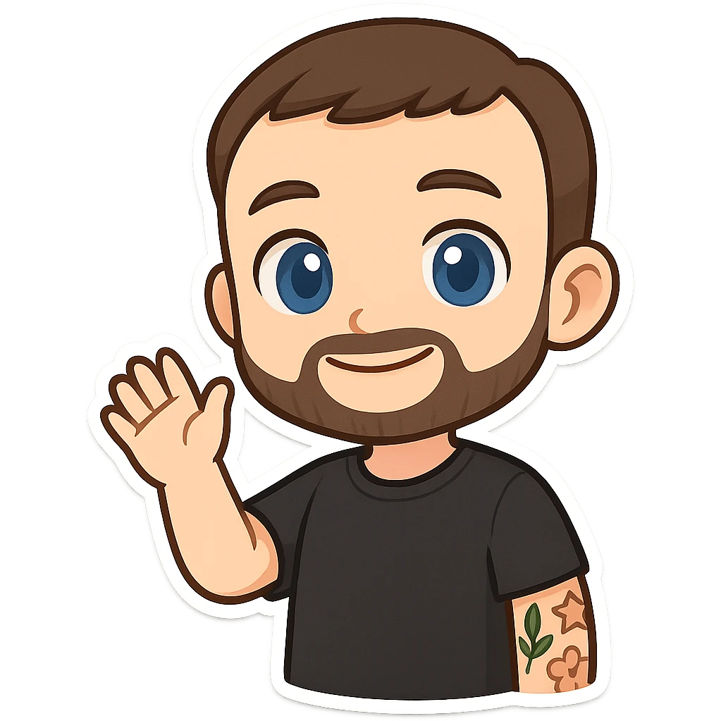 cute chibi cartoon-style male character, front-facing, short brown hair, neatly trimmed short beard, large blue eyes, smiling, waving with right hand, visible tattoos leaf star flower on left arm, wearing simple black t-shirt, smooth shading, clean lines emoji