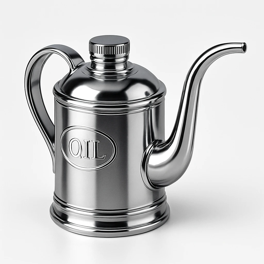metallic oil can with spout on the right, shiny surface, stylized emoji