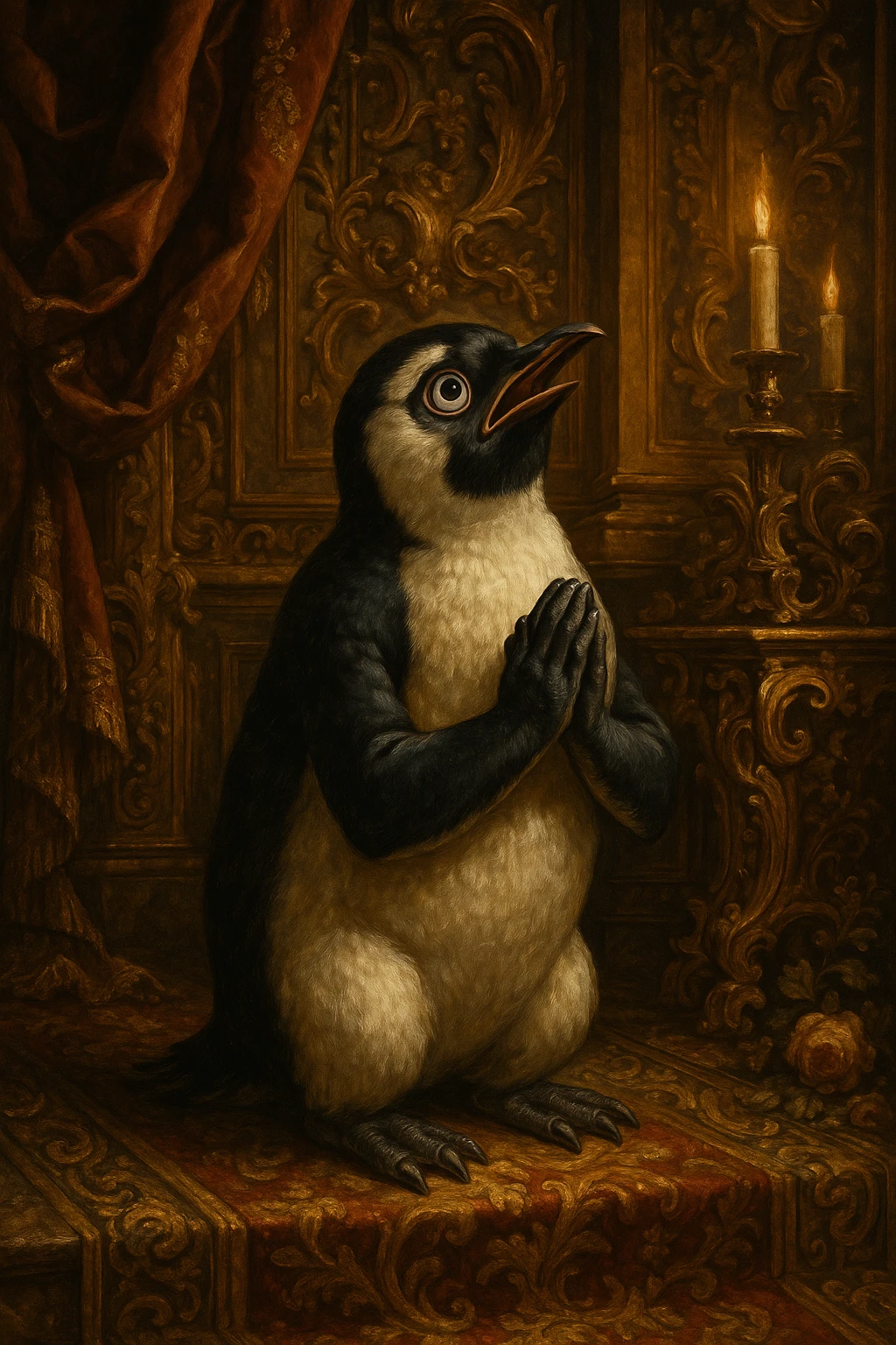 a dramatic penguin on its knees, flippers clasped together, eyes wide, begging and praying, in ornate baroque style, elaborate details, gold accents, dramatic lighting emoji