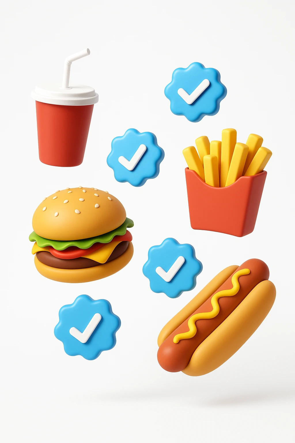 fast food fluttua in aria insieme a spunte di verificato in 3d, sfondo bianco emoji