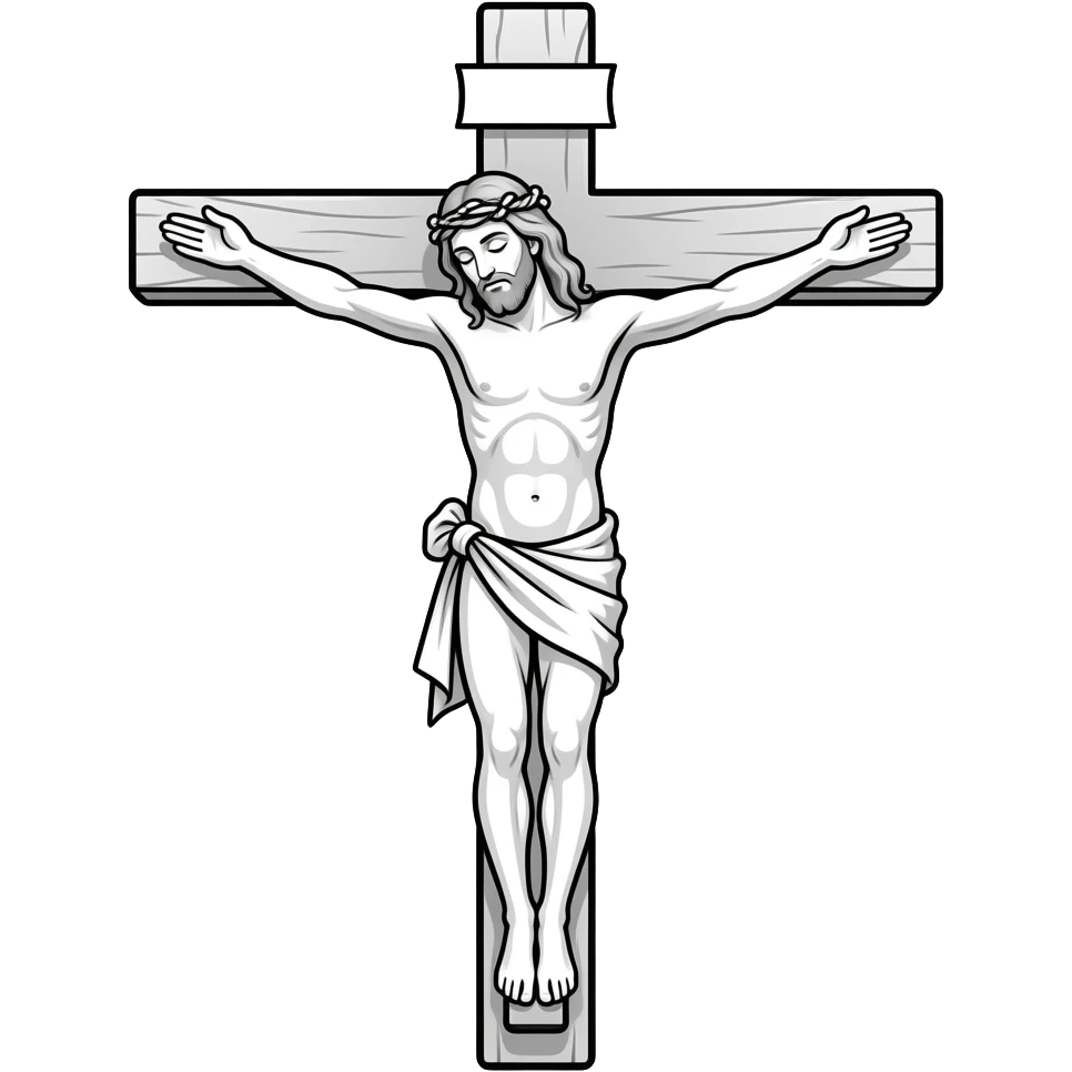 Give me an outline of Jesus on the cross in black and white. Make sure he is on the cross and you can see the entire cross in the emoji. Don’t make it very detailed. Make the cross thin emoji