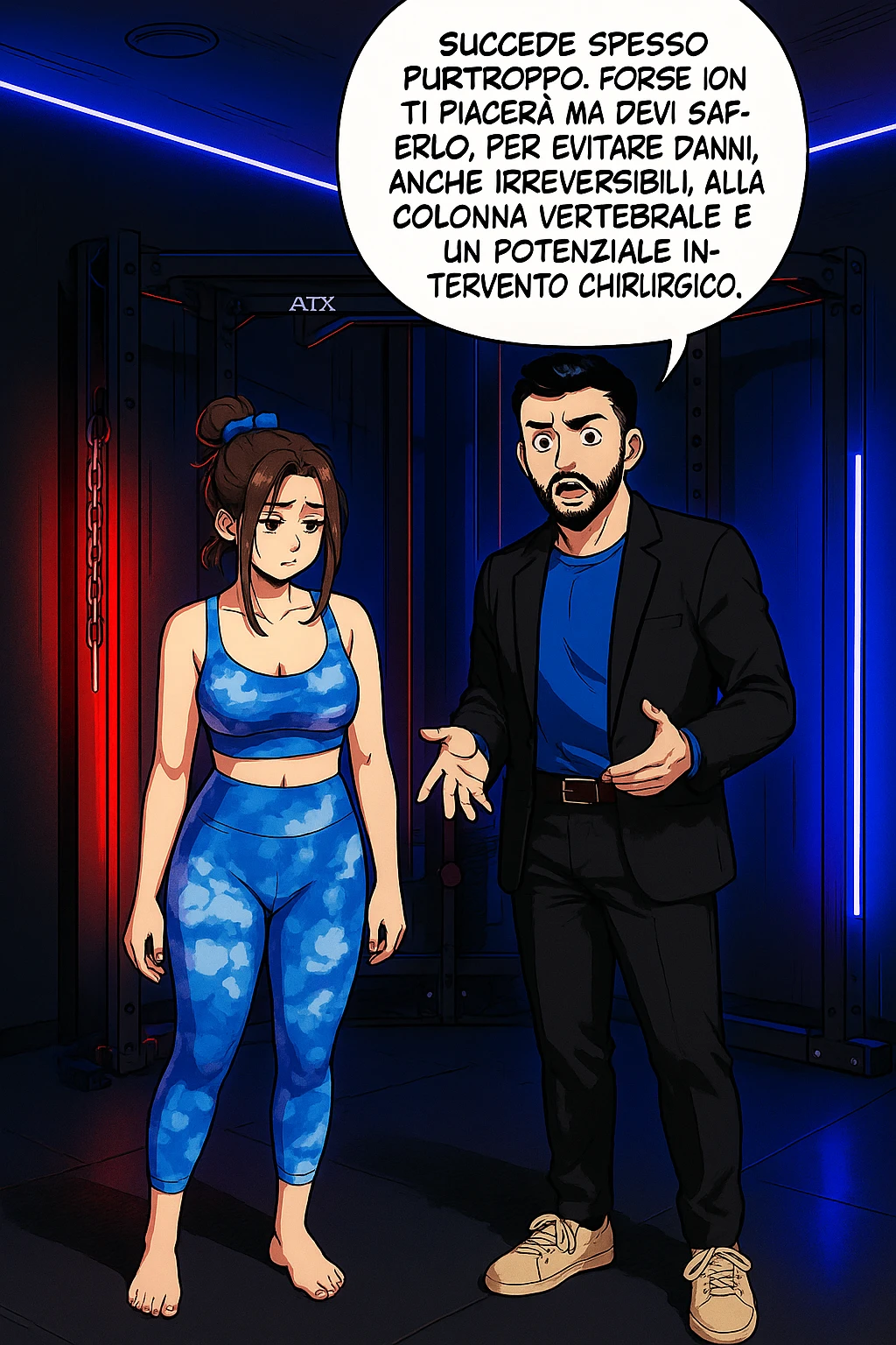 fai questa immagine in versione manga/webtoon a colori, il manga mostra l'uomo che risponde alla donne:
Succede spesso purtroppo. 
Forse non ti piacerà ma devi saperlo, per evitare danni, anche irreversibili, alla colonna vertebrale e un potenziale intervento chirurgico. emoji