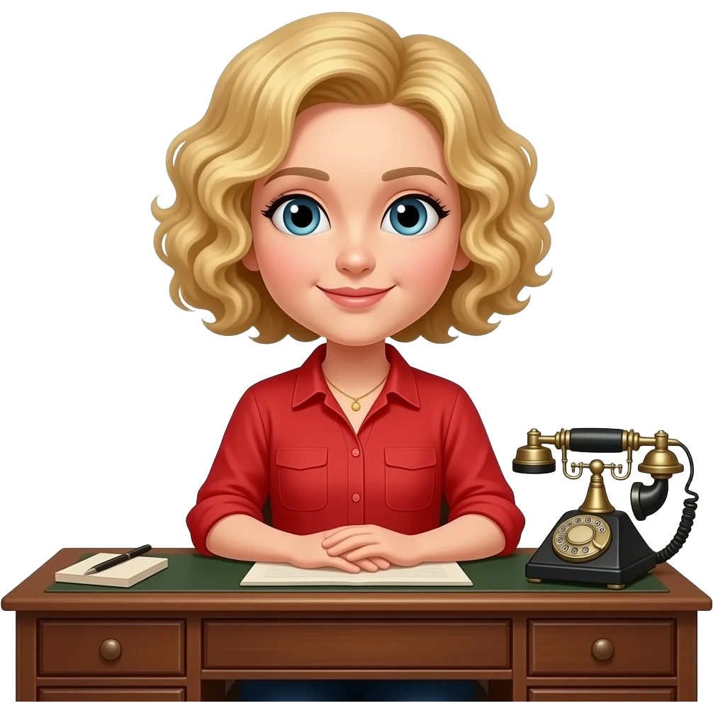 blonde tight curly bob sitting on an antique desk with antique phone in a red shirt emoji