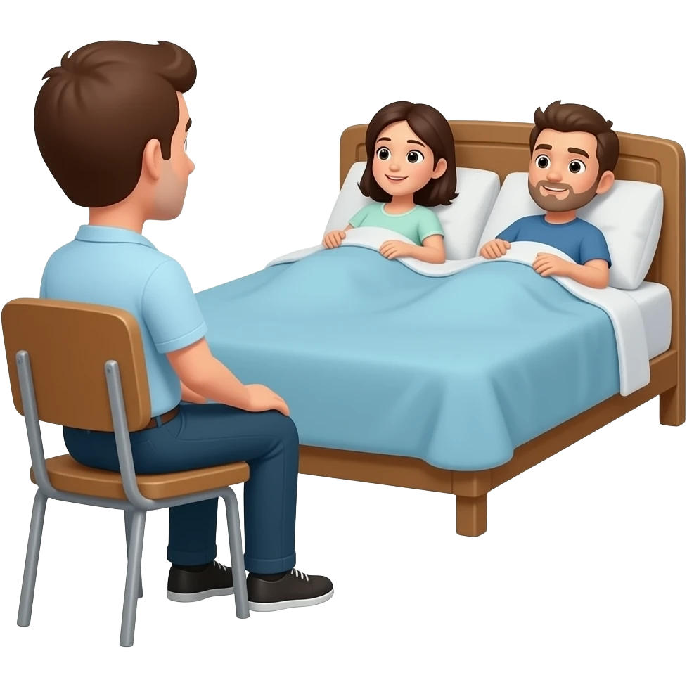 Man in chair watching two people in bed emoji