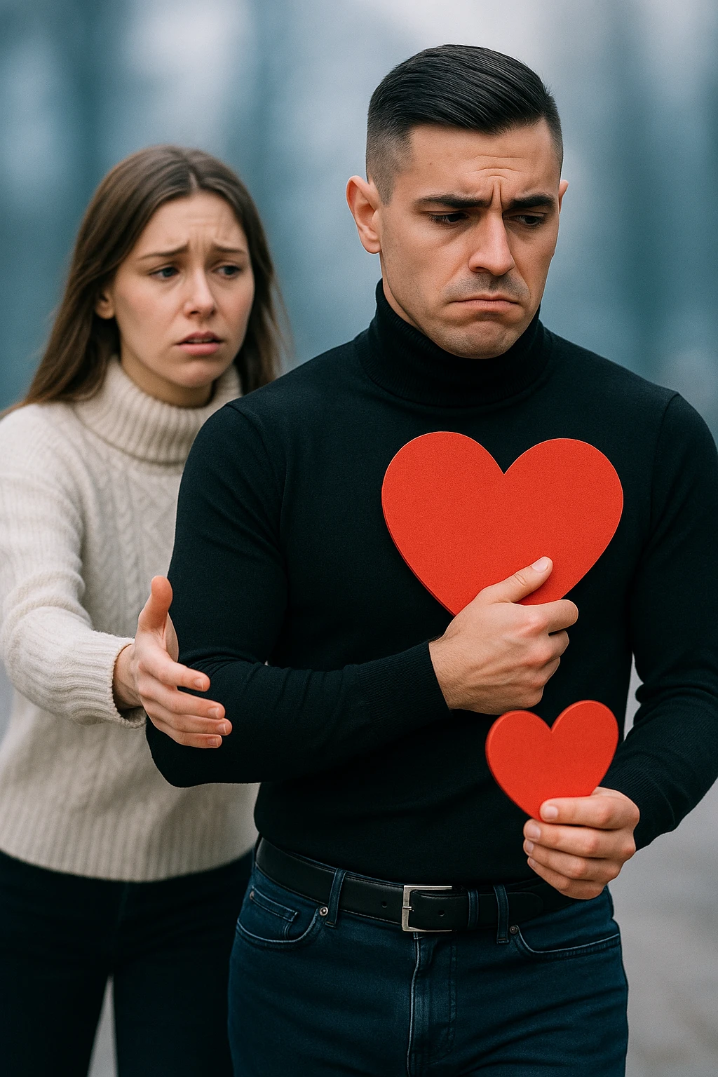 un uomo italiano in abiti casual si allontana da una donna che cerca di abbracciarlo. Lui stringe al petto un grande cuore rosso, mentre lei ne tiene uno più piccolo; entrambi hanno espressioni tristi, e la distanza emotiva è sottolineata da uno sfondo sfocato e freddo. emoji