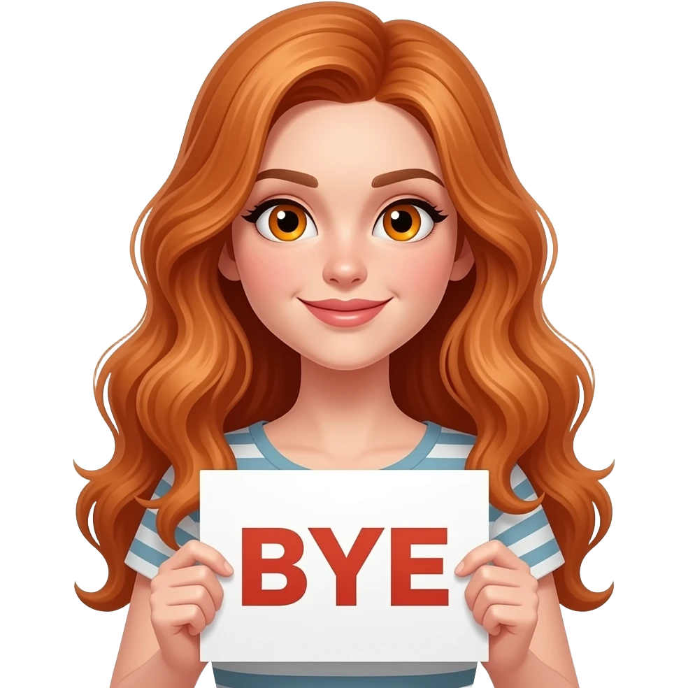 sexy girl with long wavy ginger hair and ginger eyes wearing a top is holding a BYE sign emoji