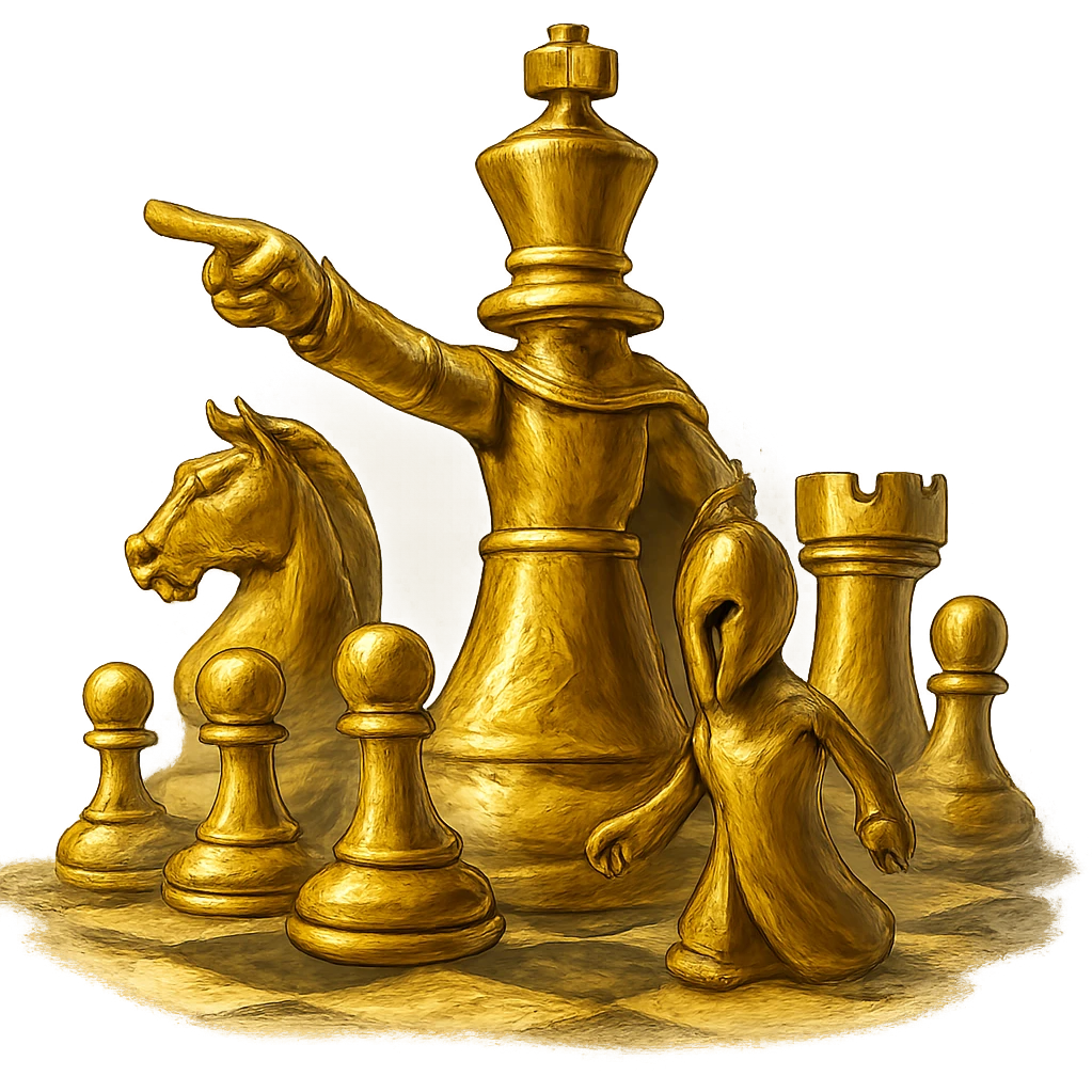 В cлегка рисованной, но при этом объемной, яркой и фотореалистичный стилистике сгенерируй картинку где по центру стоит шахматный король сделанный из качественного золота, он указывает пальцем в даль как военноначальник, а рядом фигуры пешек, конь, ладья, слон идут в атаку, на полу виднеется шахматная доска, фон позади фигур прозрачный фон emoji